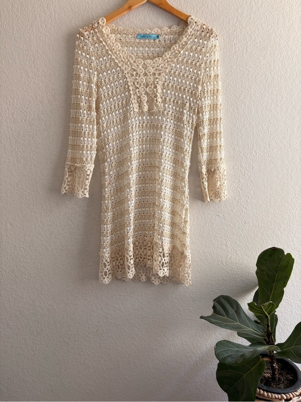 Solitaire by Anthropologie Cream Crochet Swim Coverup Y2k Vintage Gold Shimmer M